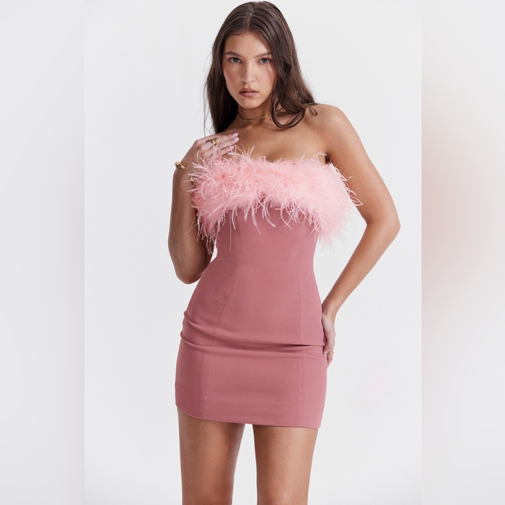 House of CB Alexa mini dress pink feathers